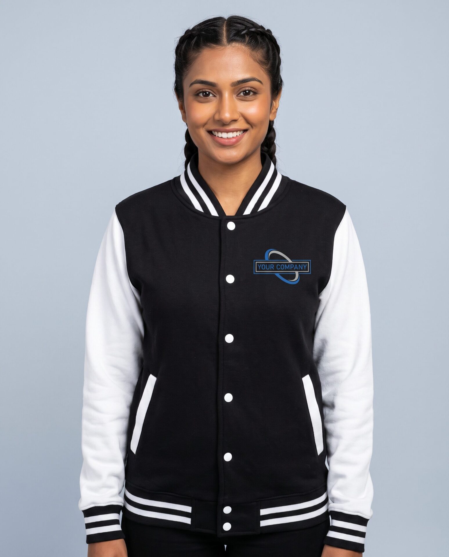 Varsity Jacket - female model with YOUR COMPANY logo