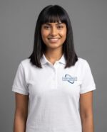 White Polo T-Shirt - female model with YOUR COMPANY logo