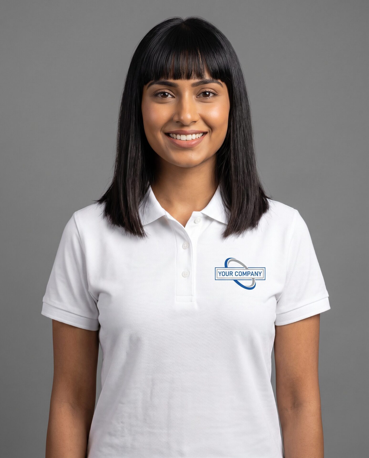 White Polo T-Shirt - female model with YOUR COMPANY logo