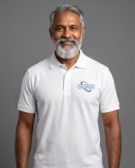 White Polo T-Shirt - male model with YOUR COMPANY logo