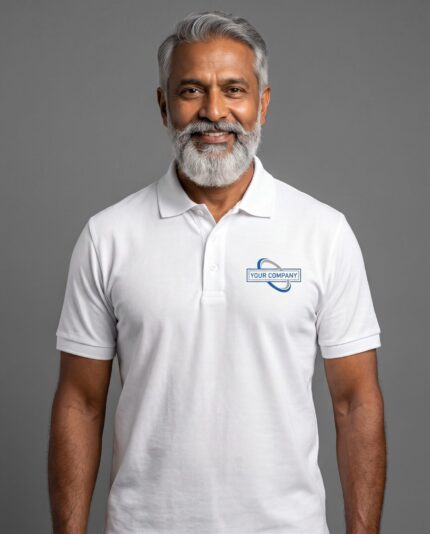 White Polo T-Shirt - male model with YOUR COMPANY logo