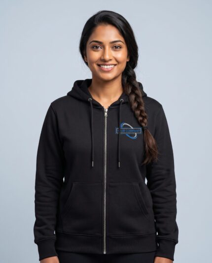 Zipper Hoodie - female model with YOUR COMPANY logo