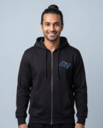 Zipper Hoodie - male model with YOUR COMPANY logo