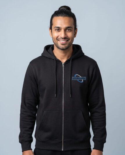 Zipper Hoodie - male model with YOUR COMPANY logo