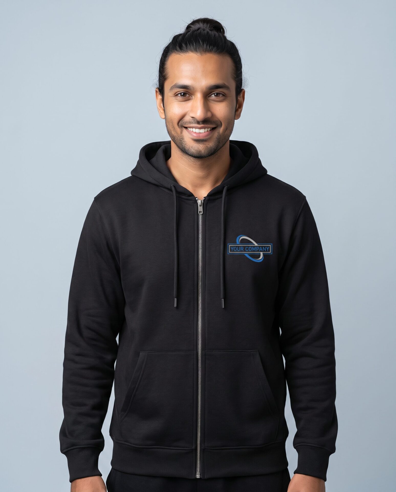 Zipper Hoodie - male model with YOUR COMPANY logo