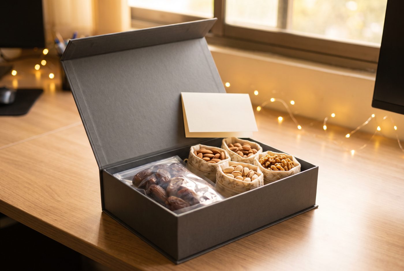 Grey rigid corporate gift box filled with dates and dry fruits for Eid corporate gifting in Pakistan