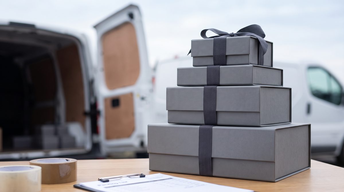 Stack of matte grey rigid corporate gift boxes ready for dispatch and delivery across Pakistan
