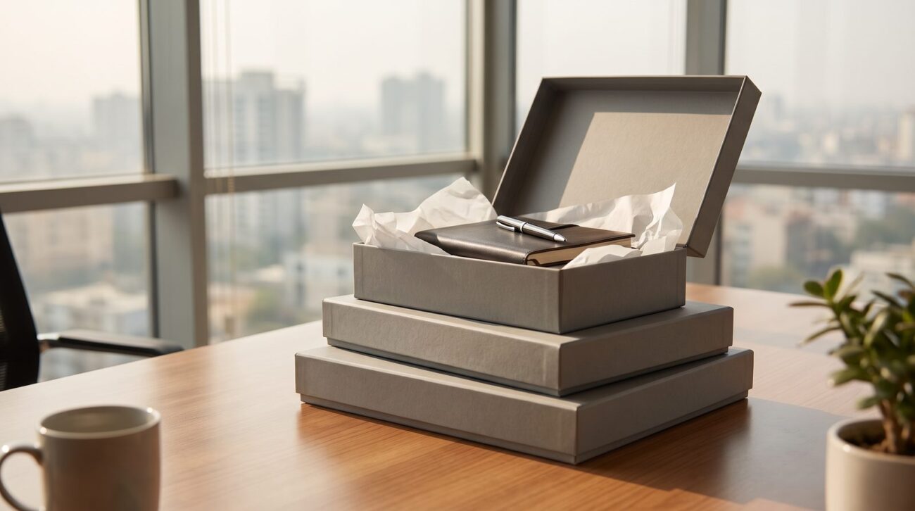 Matte grey rigid corporate gift boxes with lift-off lids on an office desk in Pakistan