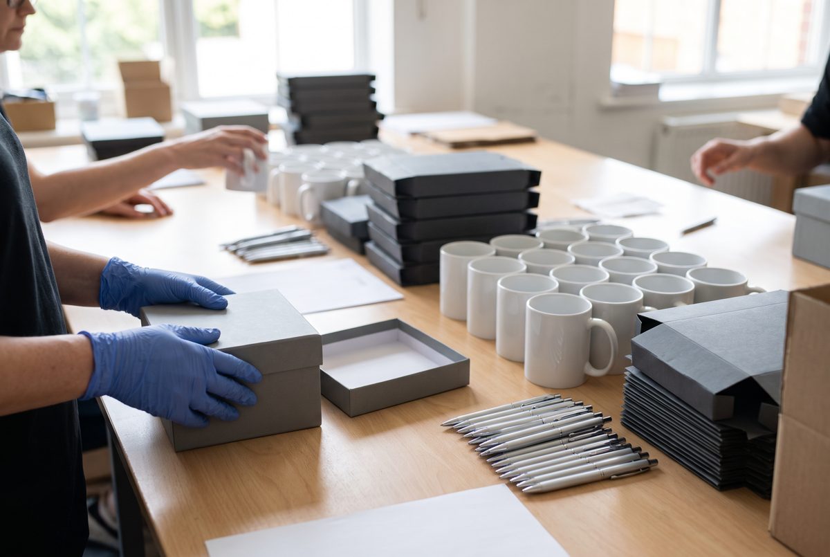 Corporate gift production and branding in progress: mugs, pens and grey rigid boxes being prepared