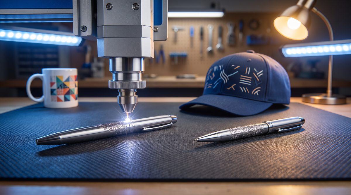 Laser engraving a logo on a metal pen, with an embroidered cap and full-colour printed mug: logo printing methods for corporate gifts in Pakistan