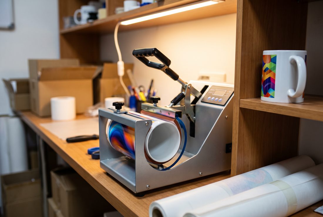 Sublimation mug press printing a full-colour design onto a ceramic mug