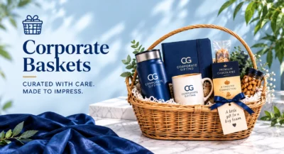 Corporate Baskets - wicker gift basket with branded bottle, notebook, mug, chocolates and snacks by Corporate Gifting