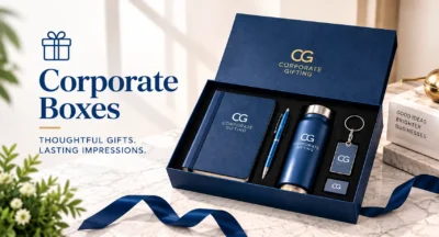 Corporate Boxes - navy branded gift box with notebook, pen, bottle and keychain by Corporate Gifting