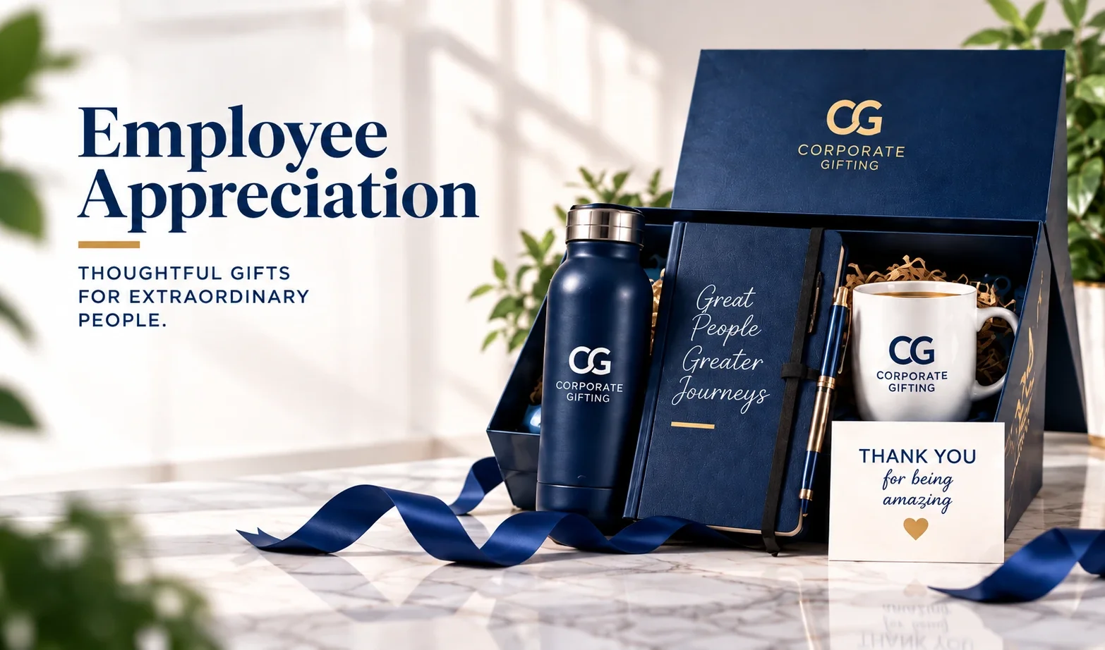 Employee Appreciation - navy gift box with bottle, notebook, pen, mug and thank-you card by Corporate Gifting