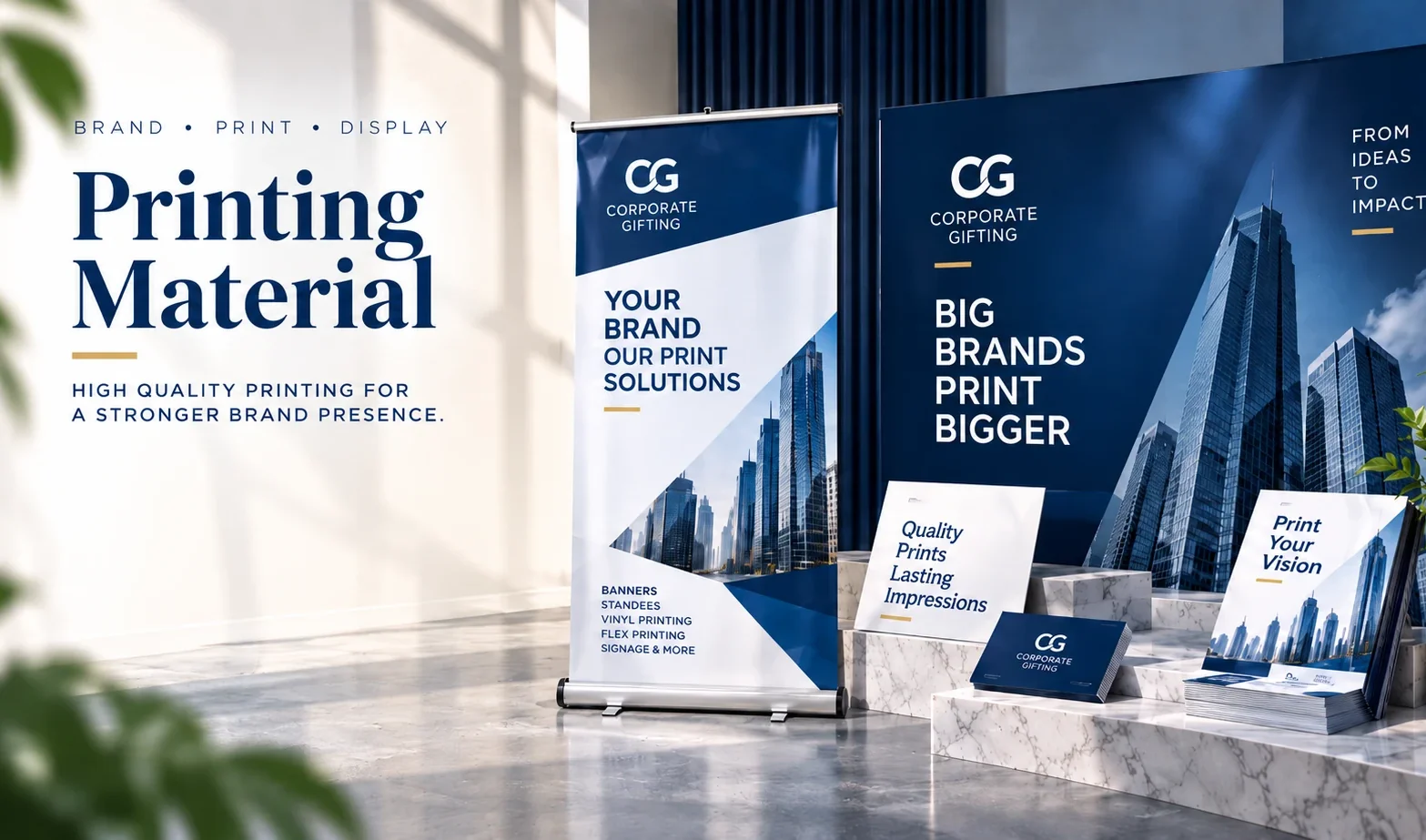 Printing Material - roll-up standee, backdrop banner, brochures and business cards printed by Corporate Gifting