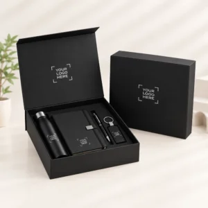 Black corporate gift box with steel bottle, notebook, pen and keychain printed with your logo